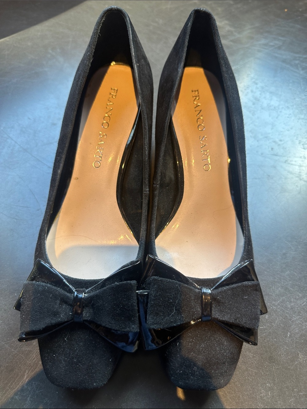 Franco Sarto Black Suede Bow Pointed-Toe Heels